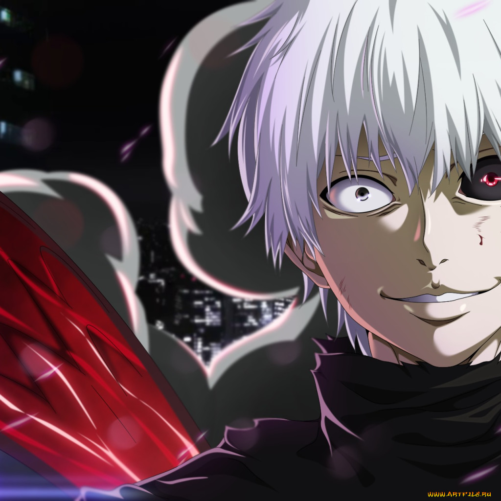 Обои Аниме Tokyo Ghoul, обои для рабочего стола, фотографии аниме, tokyo  ghoul, взгляд, парень, улыбка, белые, волосы, глаза, лицо, ken, kaneki,  tokyo, ghoul Обои для рабочего стола, скачать обои картинки заставки на